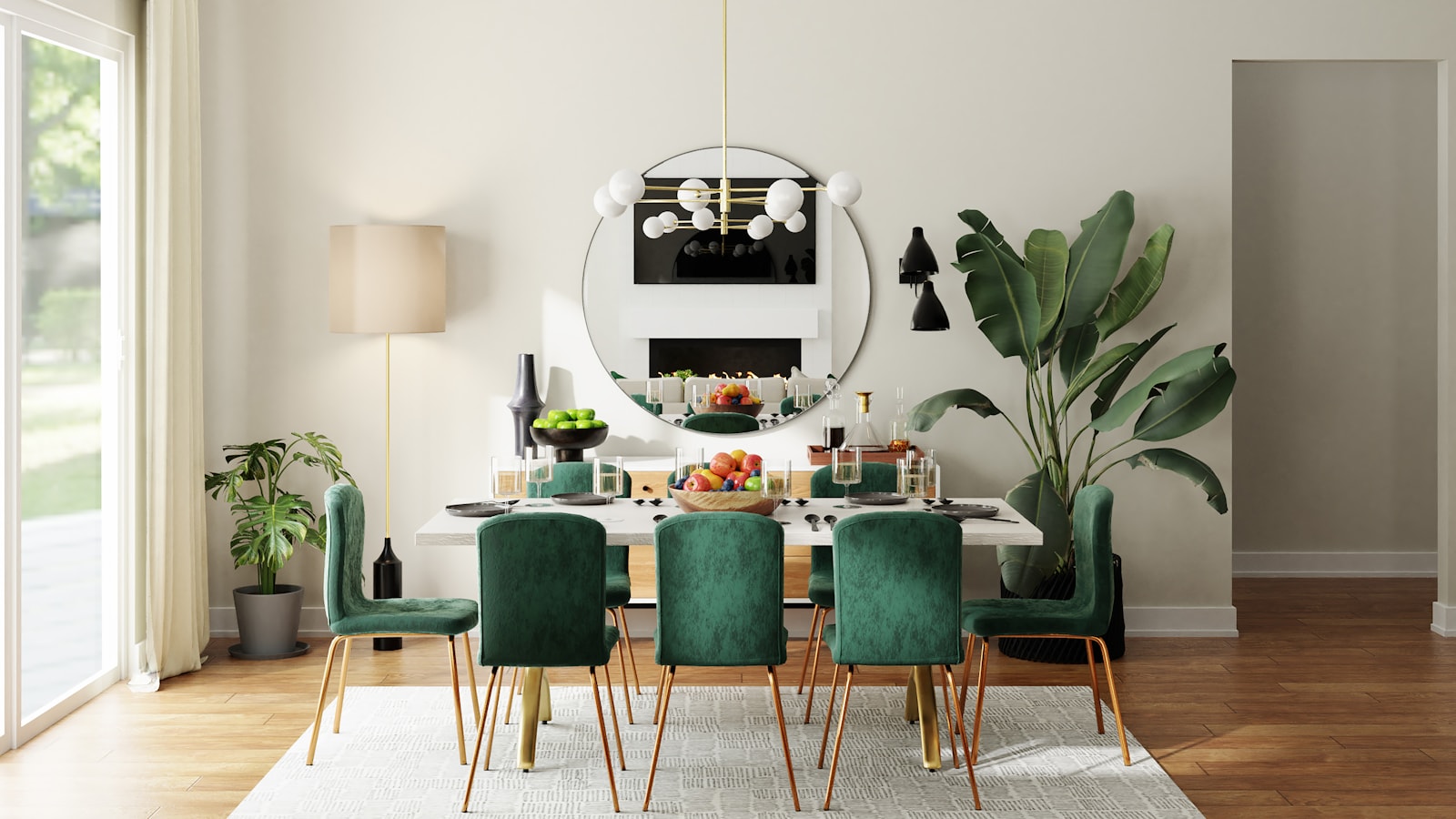 Esszimmer mit Holztisch, Stühlen und Pendelleuchte